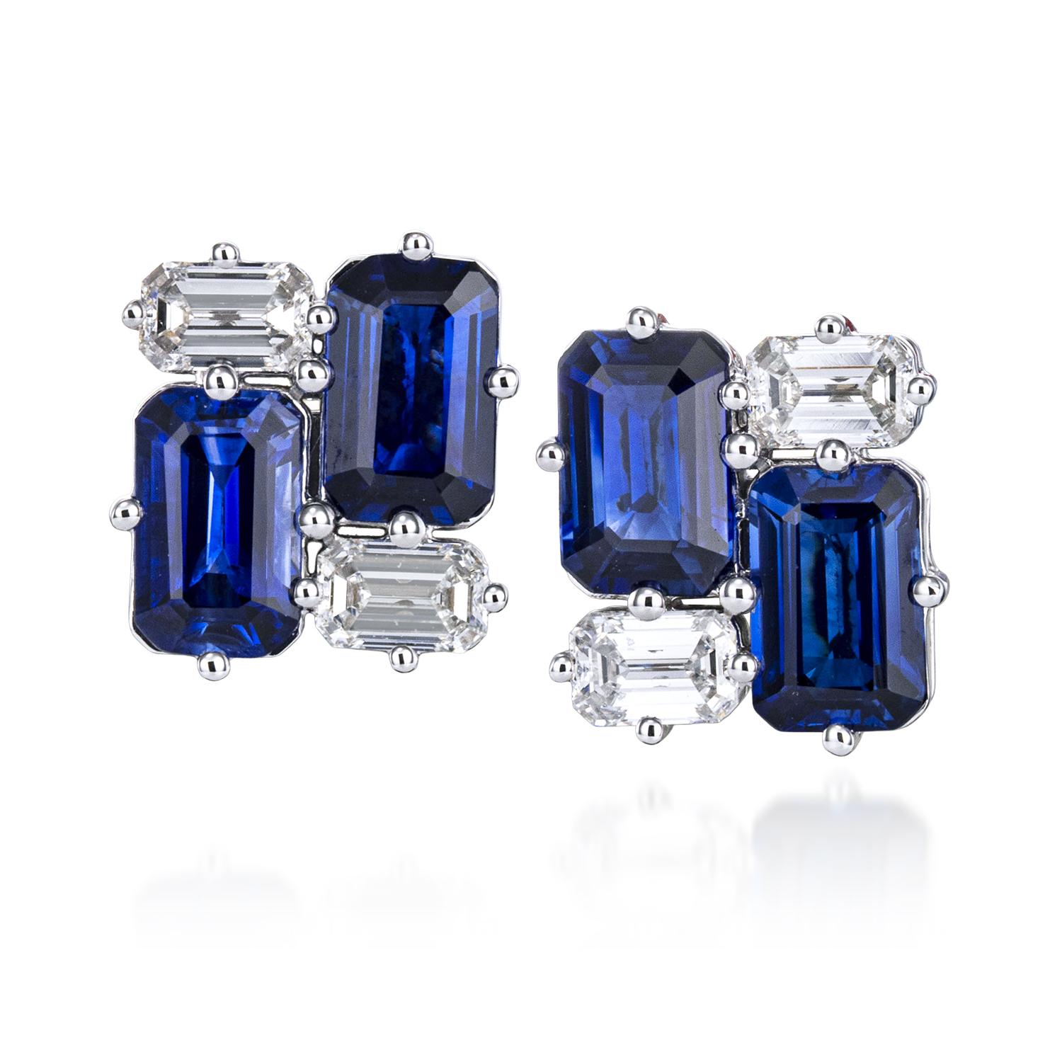 18K White Gold Sapphire and Diamond Cluster Stud Earrings - 6238