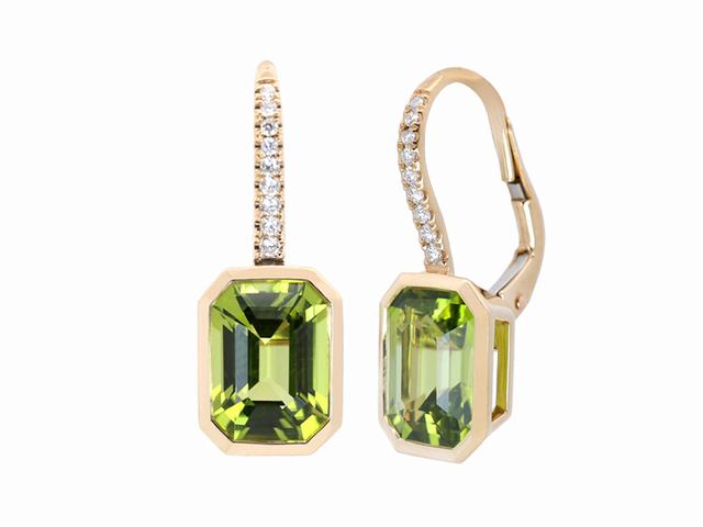 18K Yellow Gold Peridot and Diamond Drop Earrings - 6378