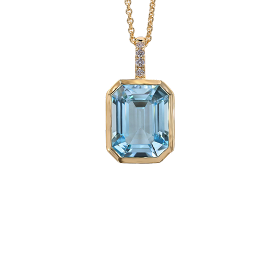 18K Yellow Gold Blue Topaz and Diamond Pendant Necklace - 6249