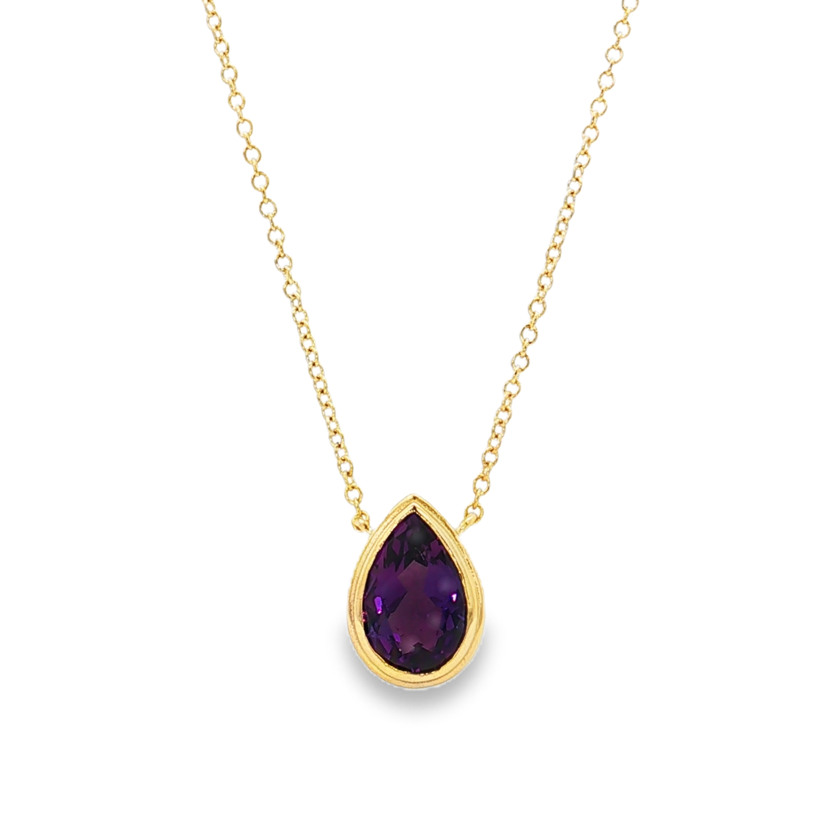 18K Yellow Gold Pear Shape Amethyst Pendant Necklace