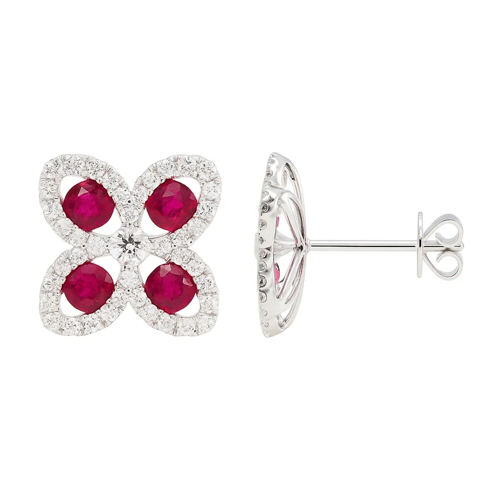 18K White Gold Ruby and Diamond Flower Stud Earrings - 6380