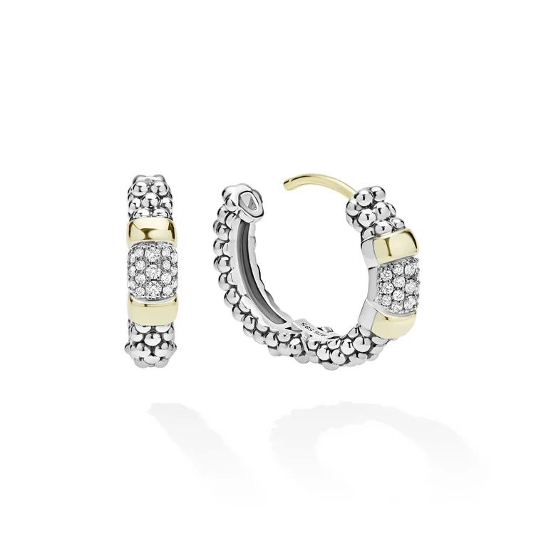 LAGOS Sterling Silver and 14K Yellow Gold Signature Caviar Diamond Huggie Earrings - 6167