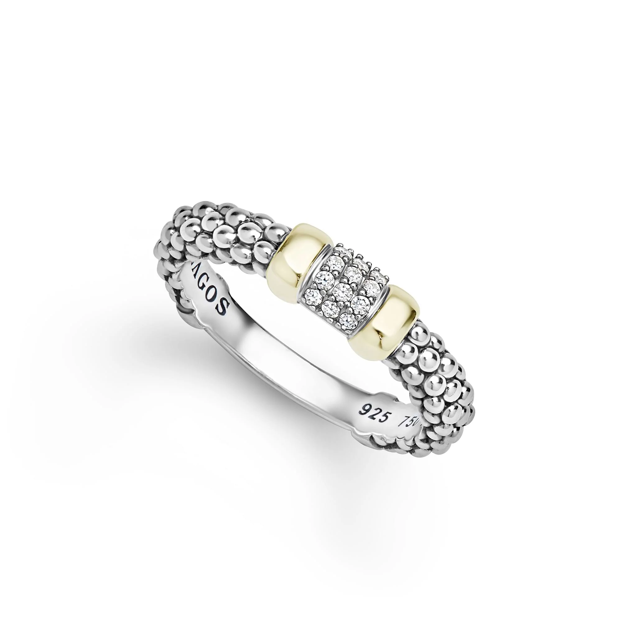 LAGOS Sterling Silver and 14K Yellow Gold Signature Caviar Small Diamond Station Ring - 6178