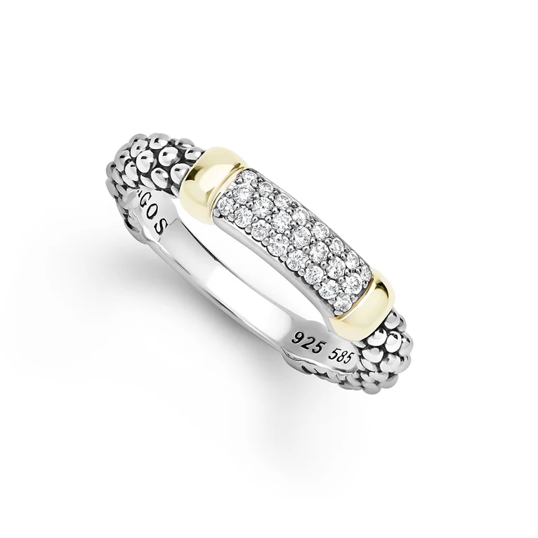 LAGOS Sterling Silver and 14K Yellow Gold Signature Caviar Medium Diamond Station Ring - 6179