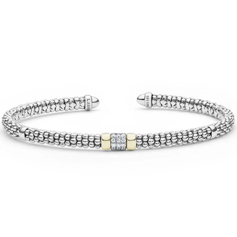 LAGOS Sterling Silver and 14K Yellow Gold Signature Caviar Small Diamond Station Mini Versa Torque Bracelet - 6168