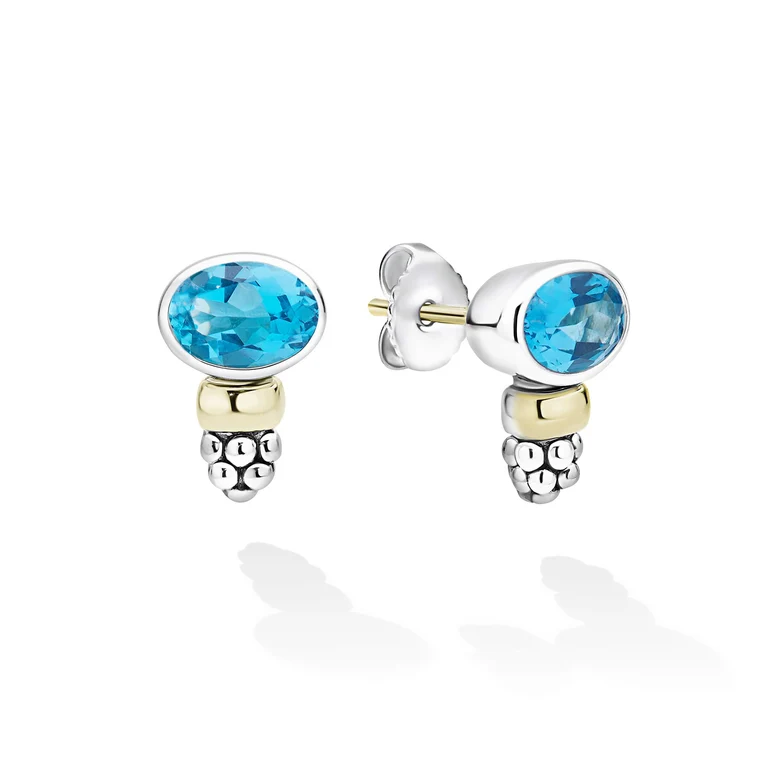 LAGOS Sterling Silver and 14K Yellow Gold Signature Caviar Swiss Blue Topaz Oval Stud Earrings - 6183