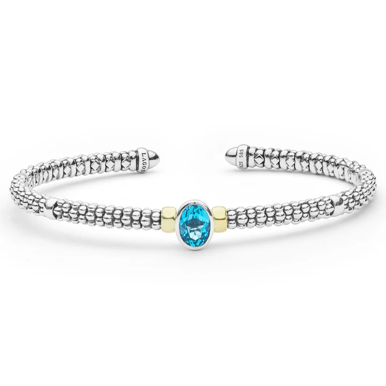 LAGOS Sterling Silver and 14K Yellow Gold Signature Caviar Blue Topaz Mini Versa Torque Bracelet - 6273