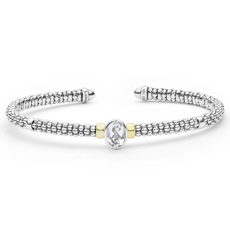 LAGOS Sterling Silver and 14K Yellow Gold Signature Caviar White Topaz Mini Versa Torque Bracelet - 6274