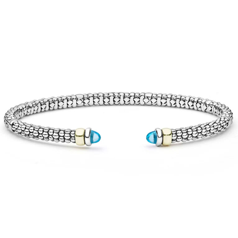 LAGOS Sterling Silver and 14K Yellow Gold Signature Caviar Blue Topaz Mini Versa Torque Bracelet - 6275