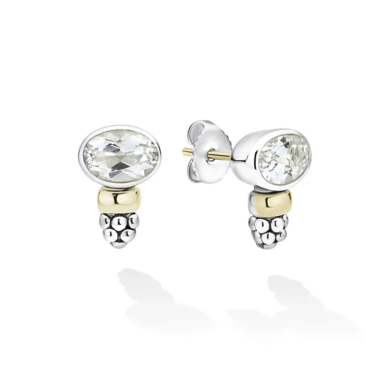 LAGOS Sterling Silver and 14K Yellow Gold Signature Caviar White Topaz Oval Stud Earrings - 6184