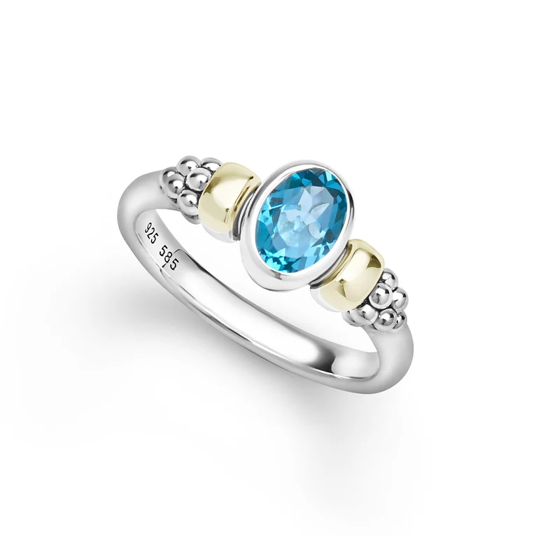 LAGOS Sterling Silver and 14K Yellow Gold Signature Caviar Swiss Blue Topaz Oval Ring - 6186