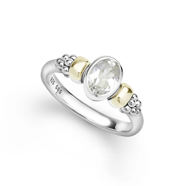 LAGOS Sterling Silver and 14K Yellow Gold Signature Caviar White Topaz Oval Ring - 6187
