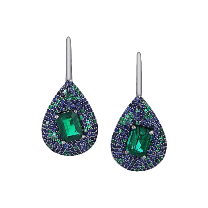 18K White Gold Emerald and Sapphire Drop Earrings - 6297