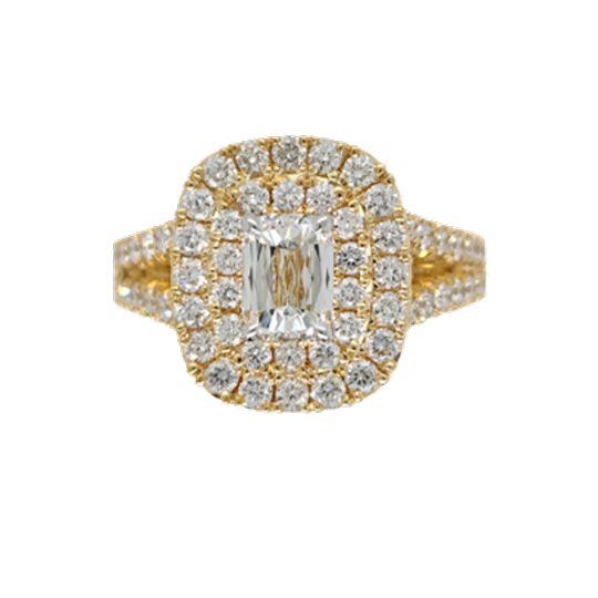 Henri Daussi 18K Yellow Gold Cushion Shape Diamond Engagement Ring with Double Halo - 6526