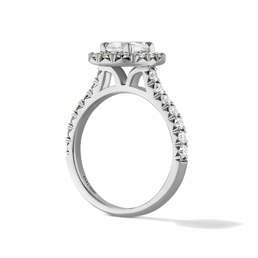 Henri Daussi 18K White Gold Cushion Shape Diamond Engagement Ring with Halo