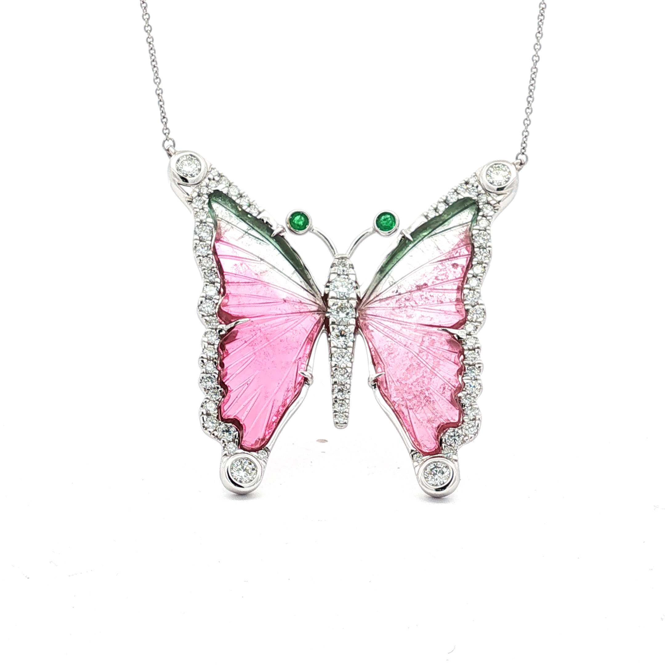 14K White gold Watermelon Tourmaline and Diamond Butterfly Necklace - 6386