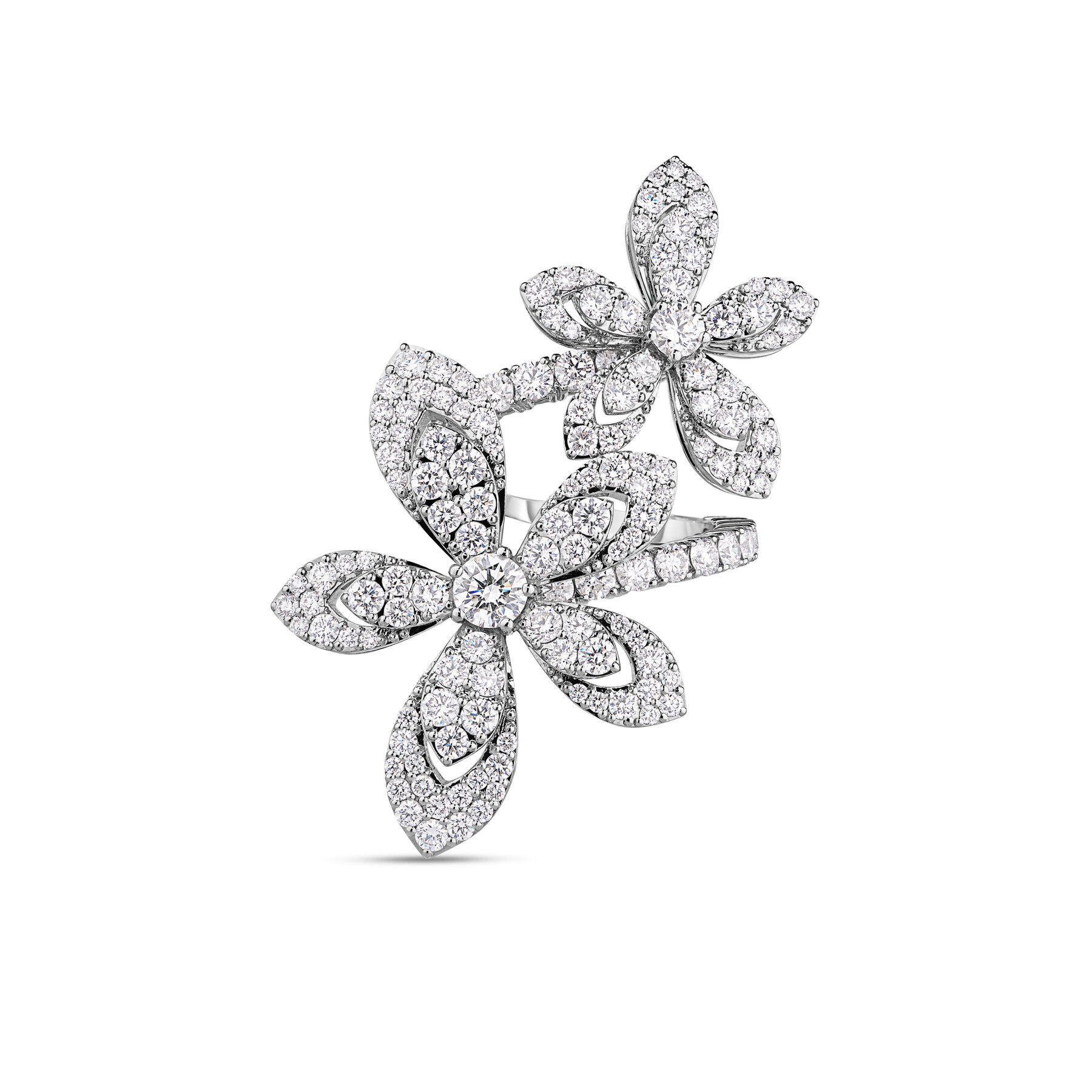 18K WHITE GOLD TIARE PAVE DIAMOND FLOWERS BYPASS RING - 6324