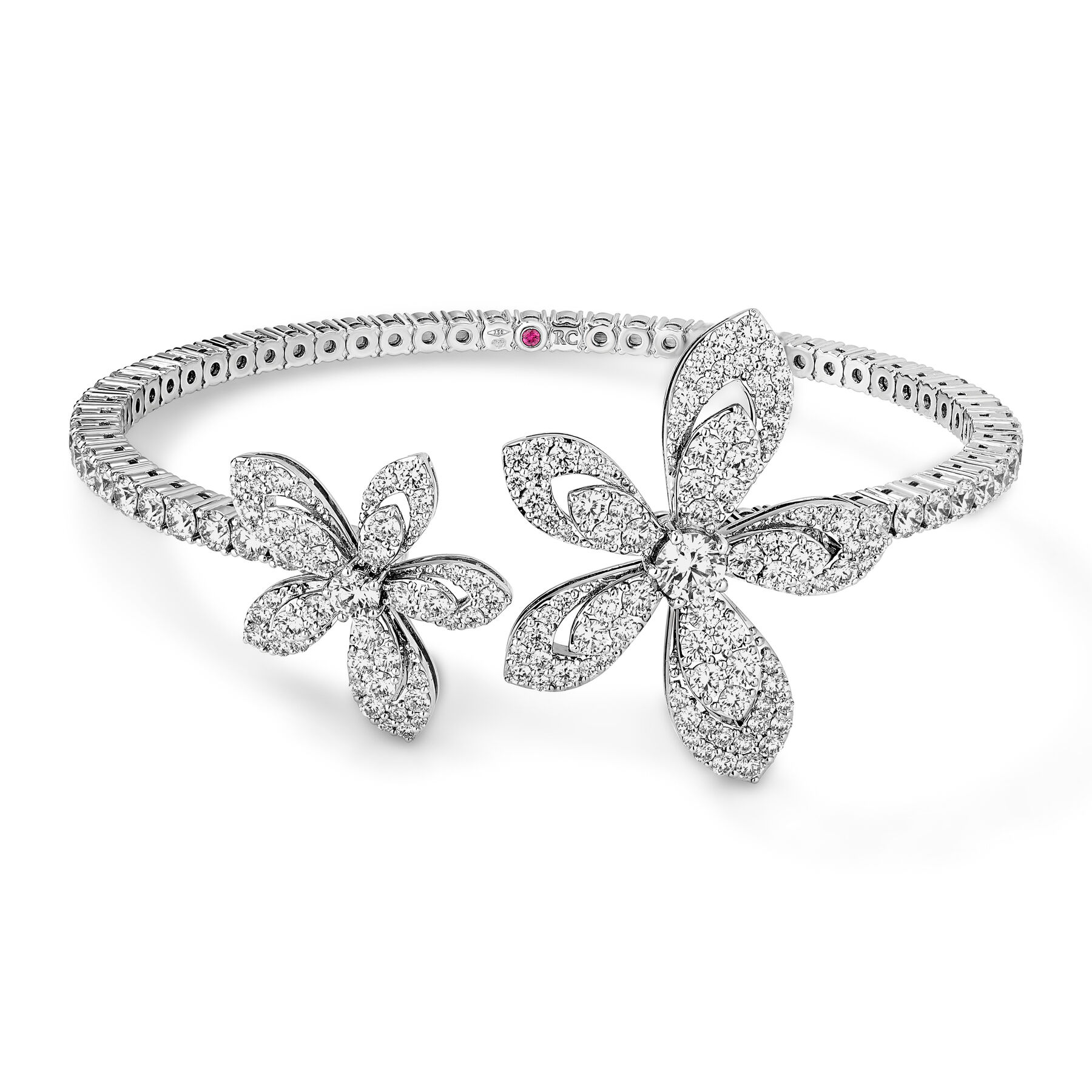18K WHITE GOLD TIARE PAVE DIAMOND FLOWERS CUFF BANGLE - 6337