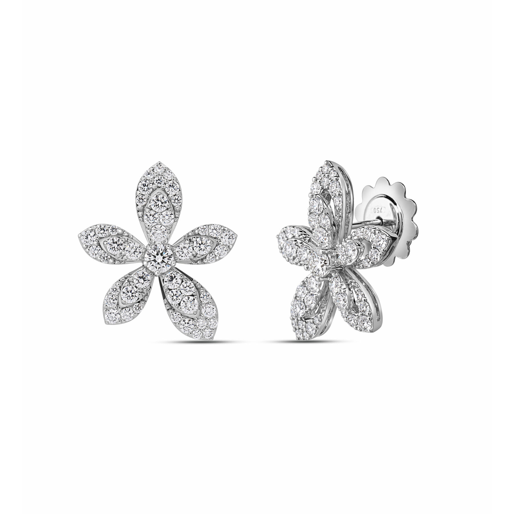 18K WHITE GOLD TIARE PAVE DIAMOND FLOWER STUD EARRINGS - 6325