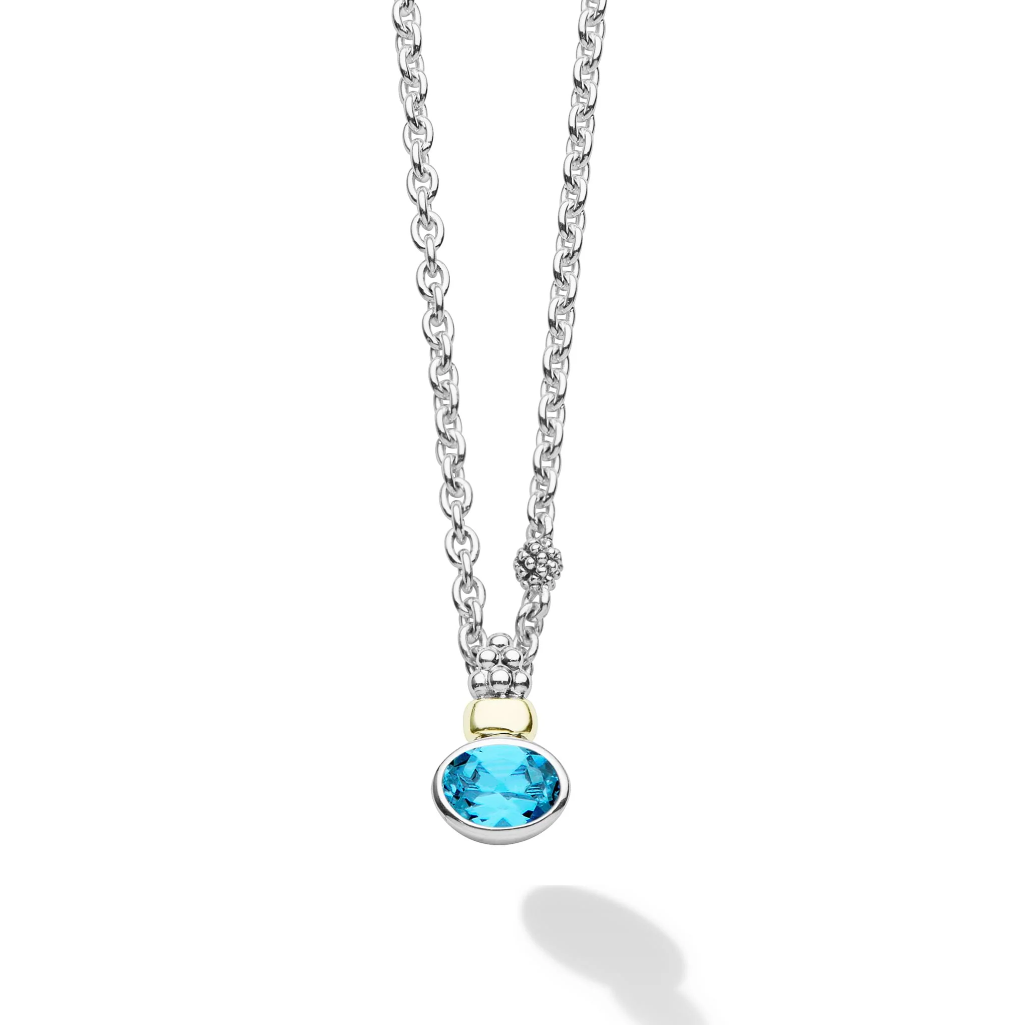 LAGOS Sterling Silver and 14K Yellow Gold Signature Caviar Swiss Blue Topaz Pendant Necklace - 6388