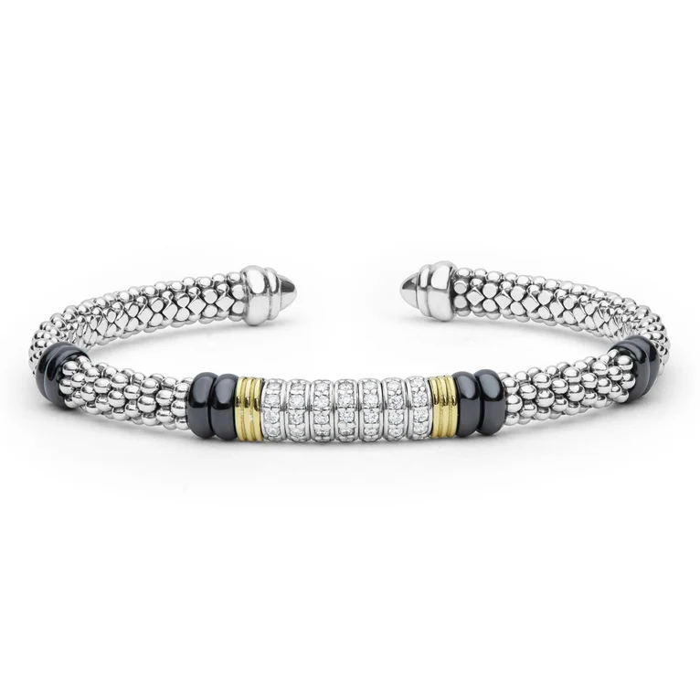 LAGOS Sterling Silver and 18K Yellow Gold Black Caviar Diamond Versa Torque Bracelet - 6398