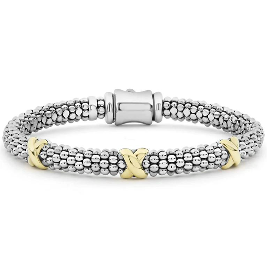 LAGOS Sterling Silver and 18K Yellow Gold Embrace Three Station X Bracelet - 6401