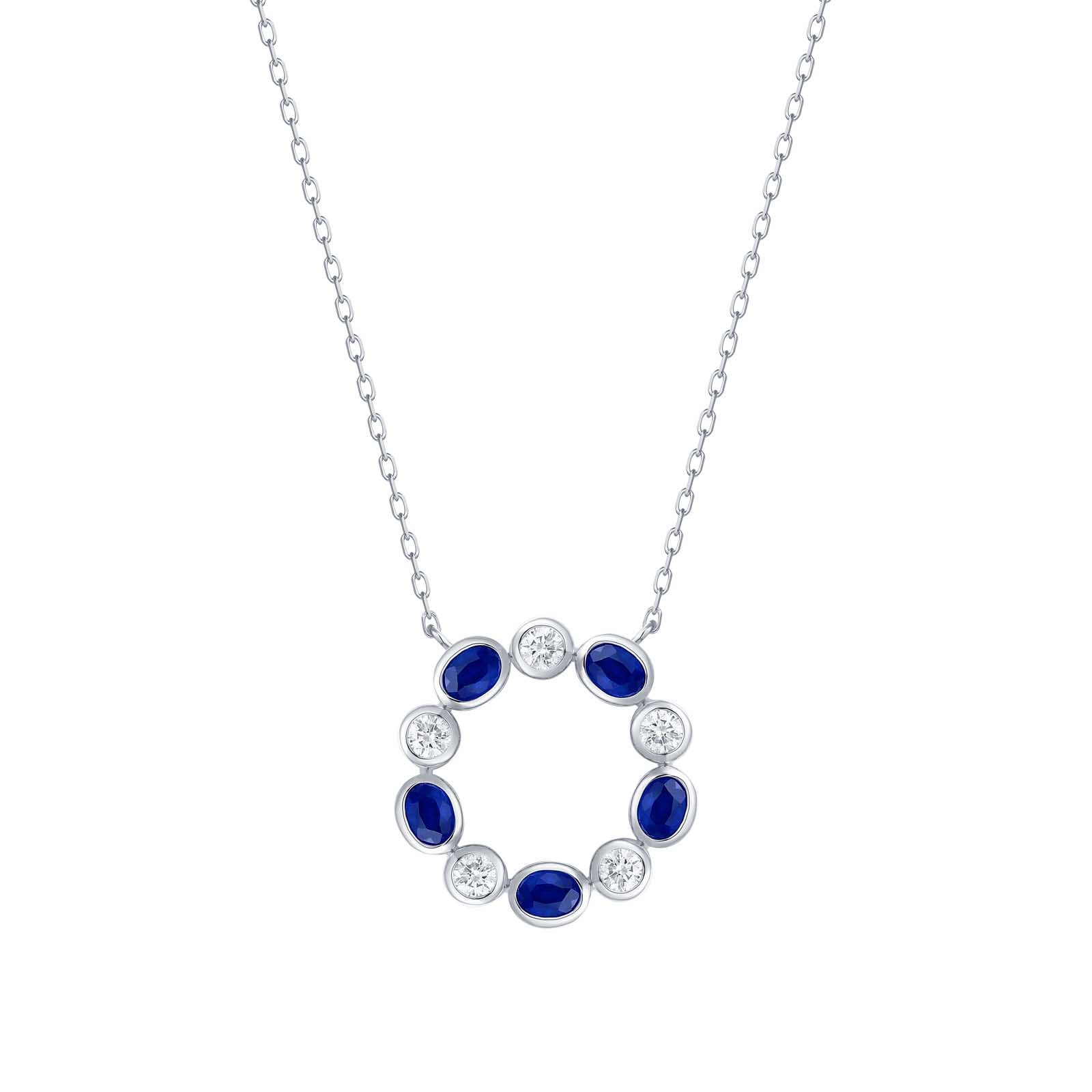 14K White Gold Sapphire and Diamond Circle Necklace - 6402