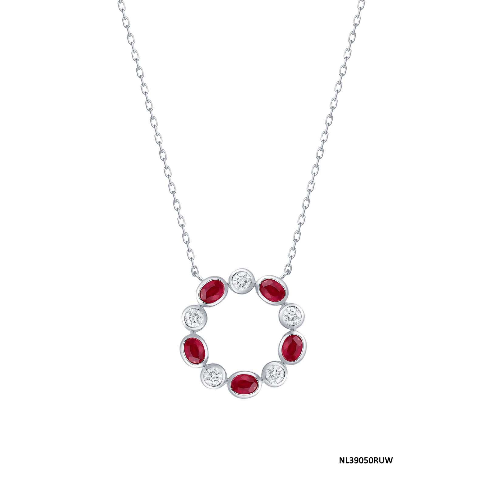 14K White Gold Ruby and Diamond Circle Necklace - 6407