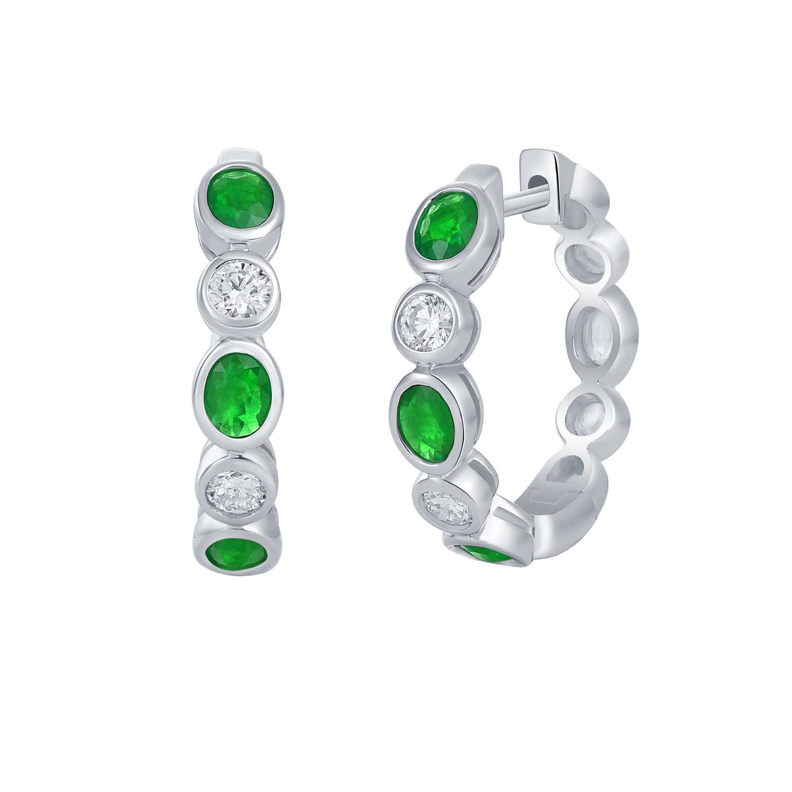 14K White Gold Emerald and Diamond Hoop Earrings - 6413
