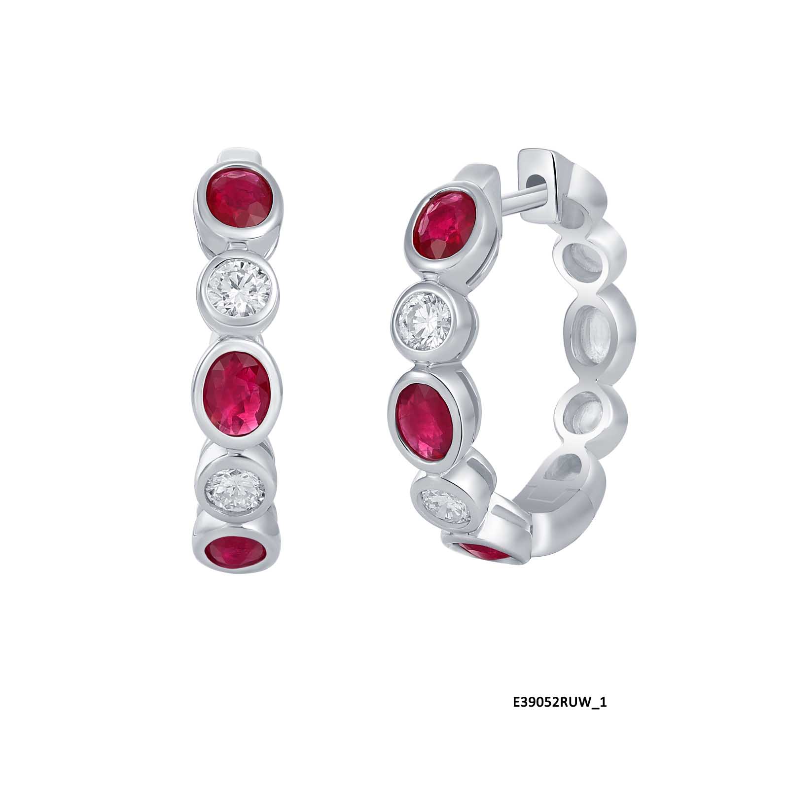 14K White Gold Ruby and Diamond Hoop Earrings - 6414