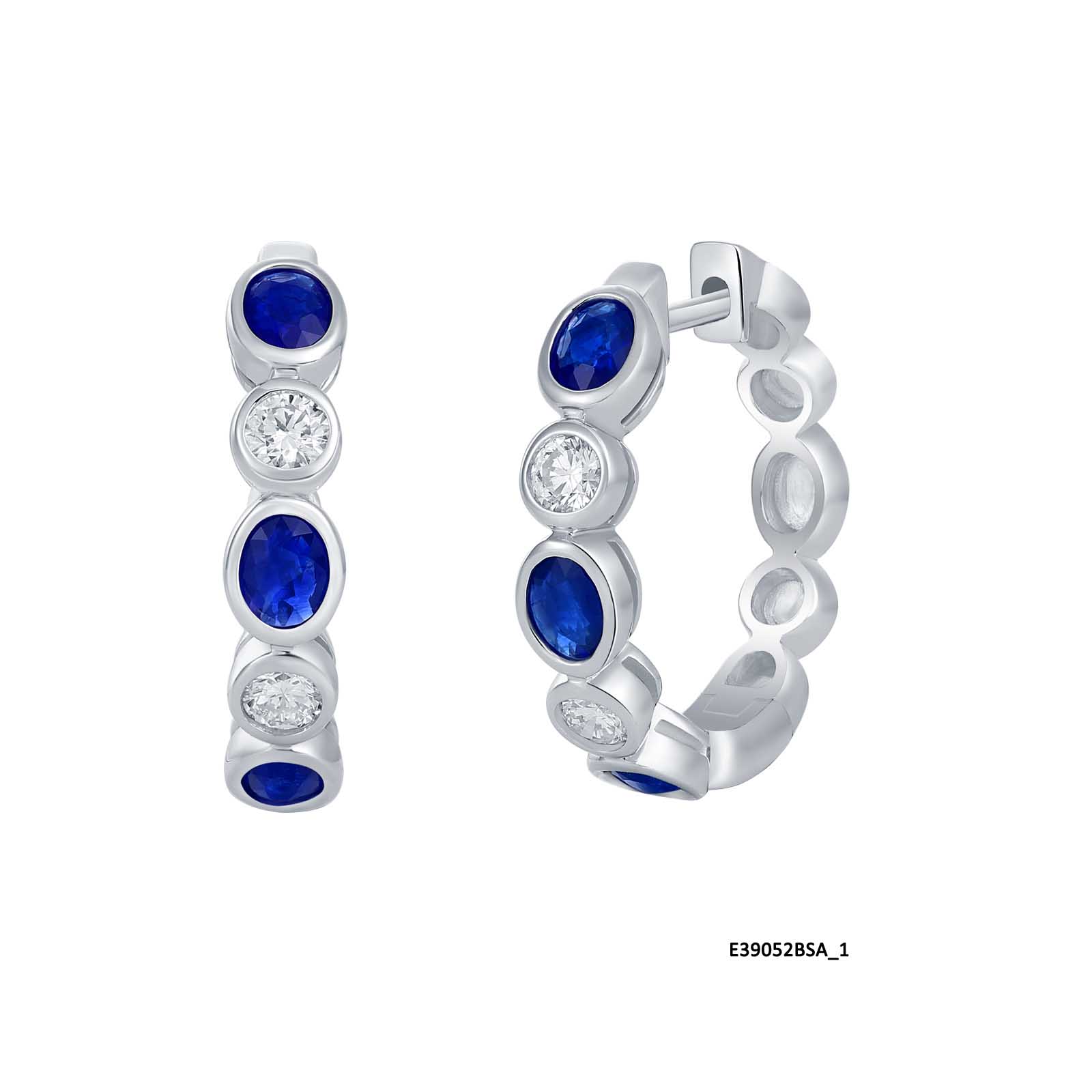 14K White Gold Sapphire and Diamond Hoop Earrings - 6415
