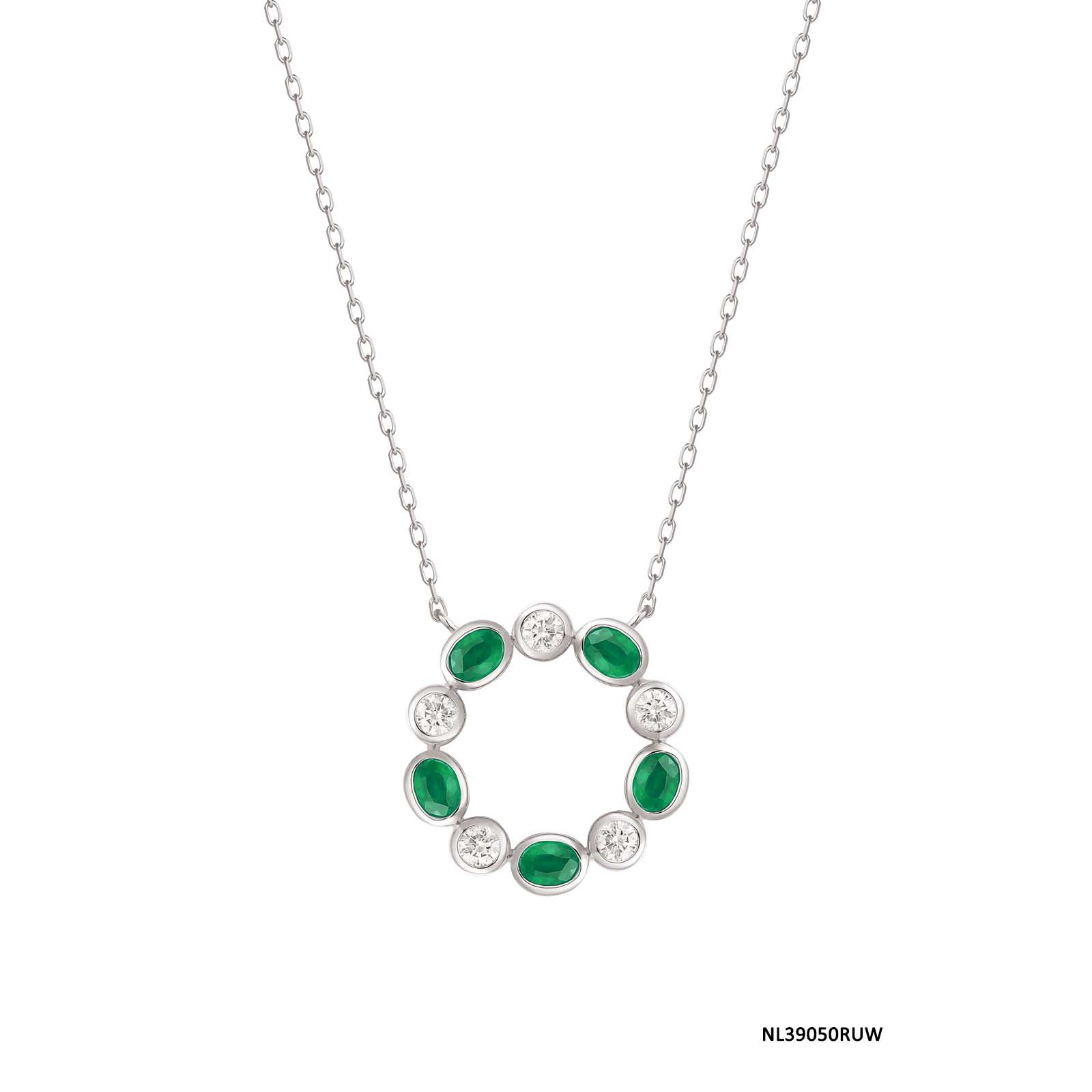 14K White Gold Emerald and Diamond Circle Necklace - 6416