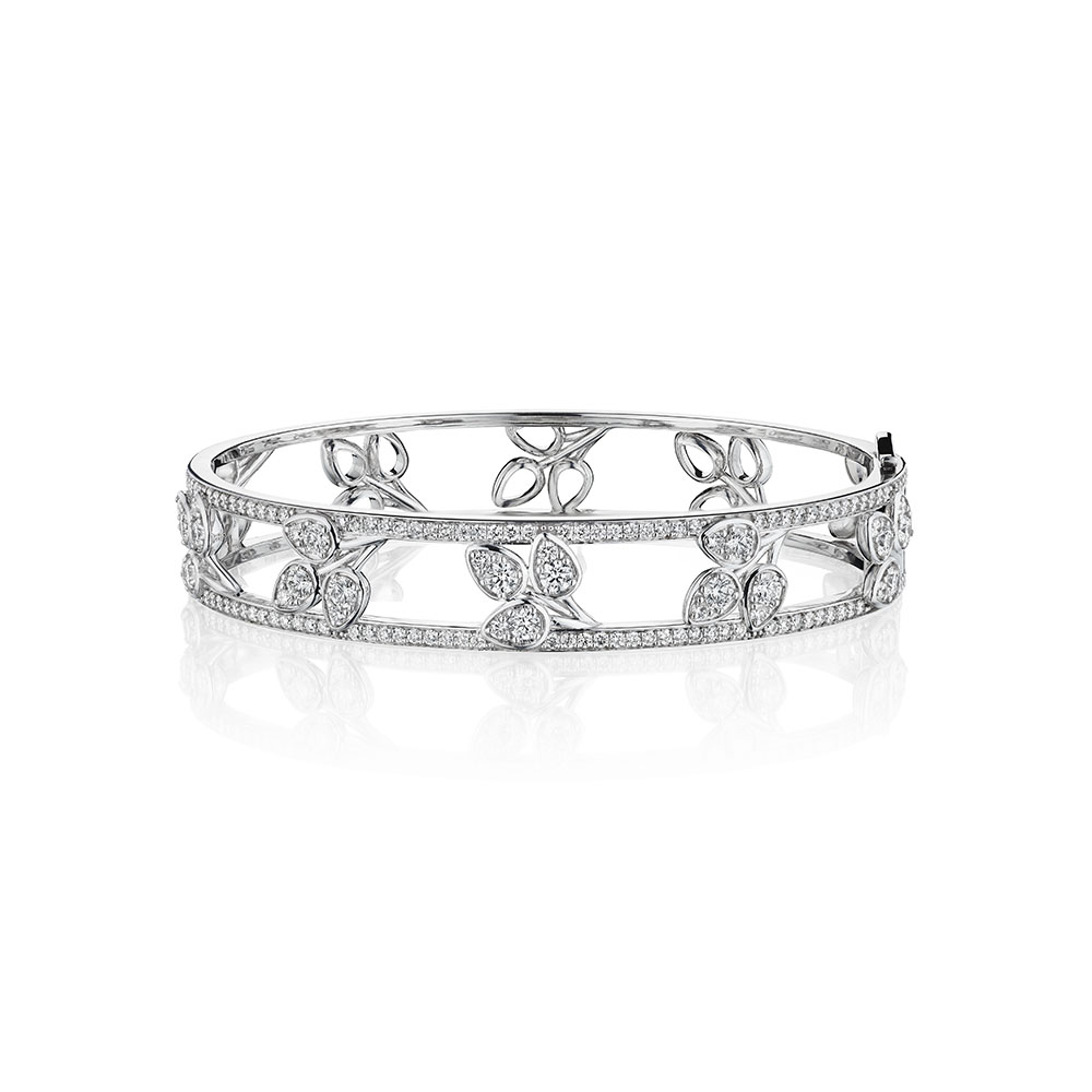 Penny Preville 18K White Gold Morning Dew Diamond Wide Leaf Bangle - B6436W