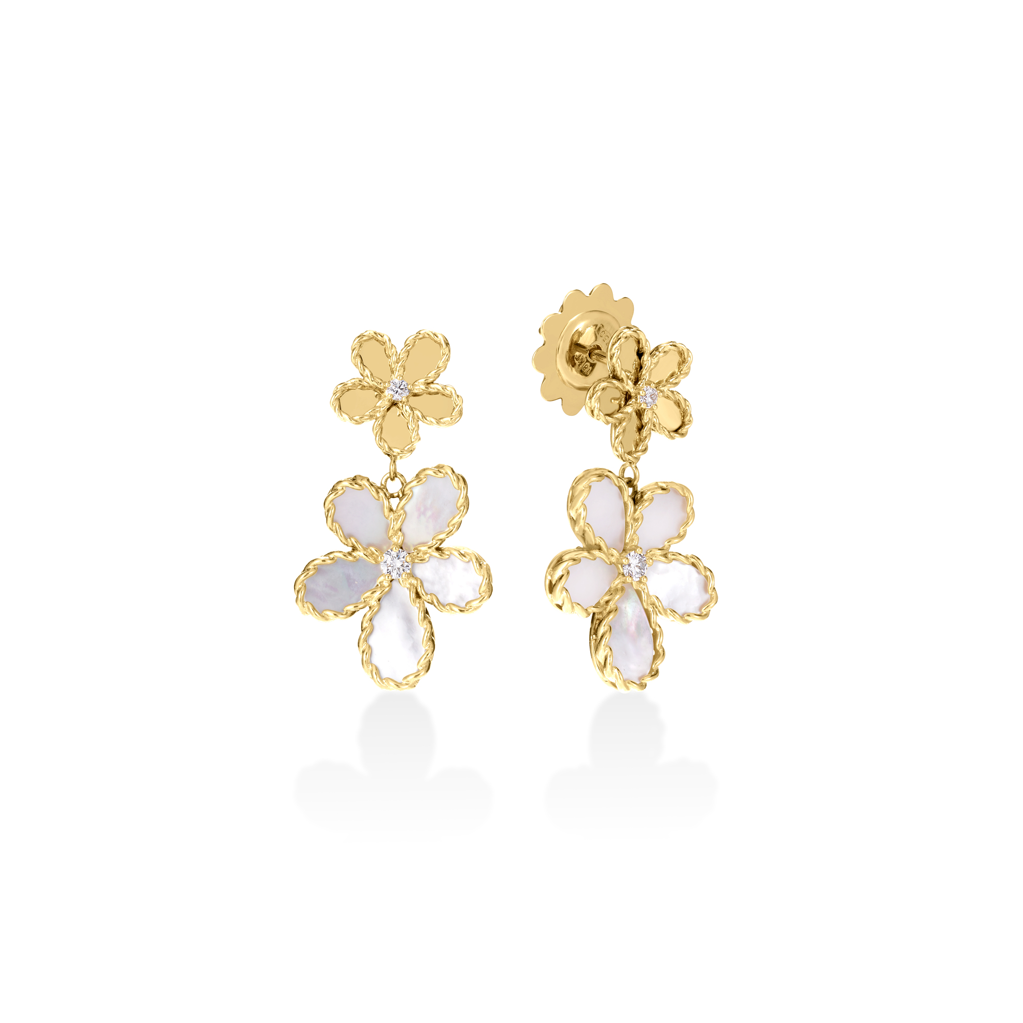 Roberto Coin 18K Yellow Gold Jasmine Mother of Pearl and Diamond Flower Dangle Earrings - 6544