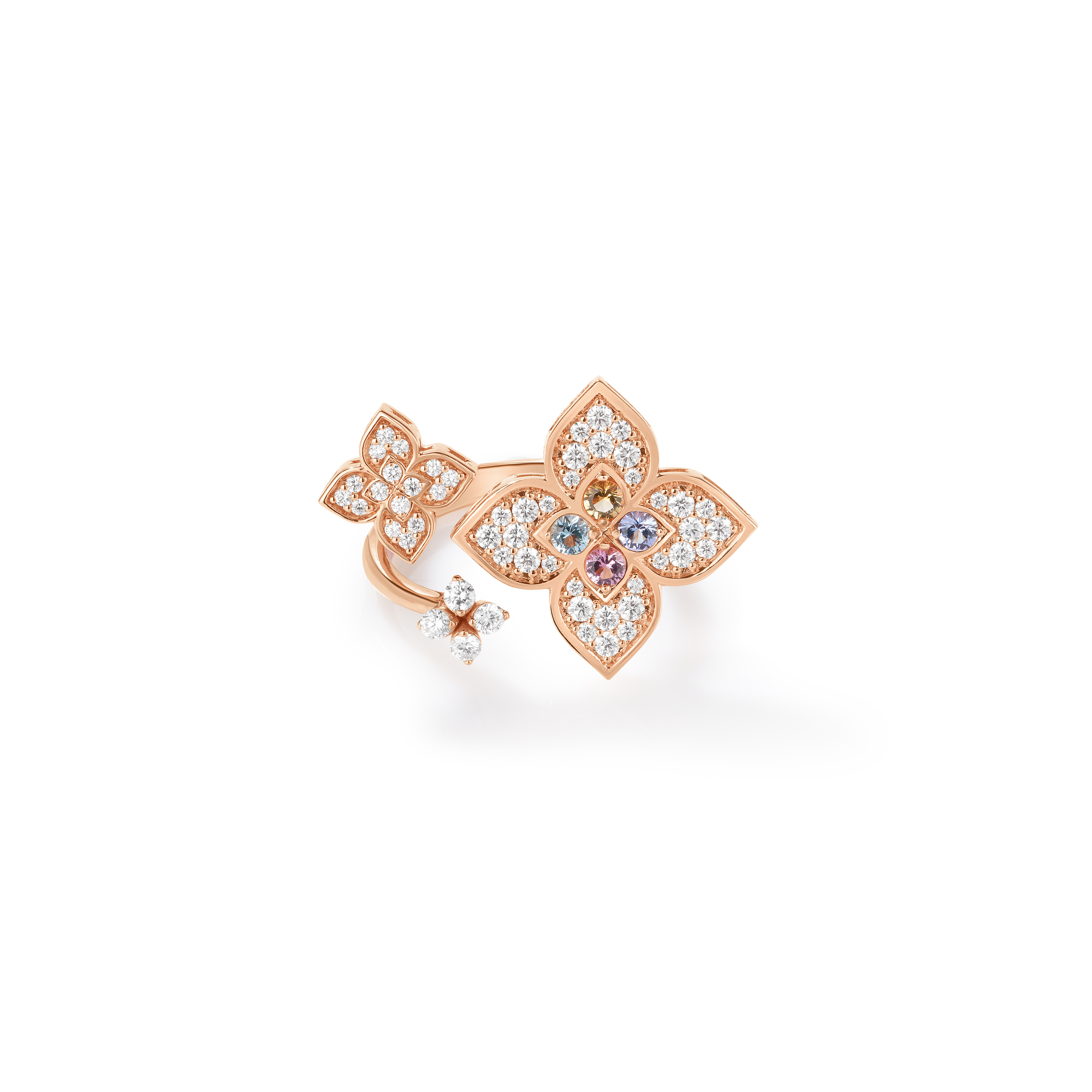 18K ROSE GOLD VENETIAN PRINCESS CARNIVAL PAVE DIAMOND & MIXED STONES (TANZANITE, BLUE TOPAZ, RUBELLITE, & CITRINE) LARGE TRIPLE FLOWER RING - 6340