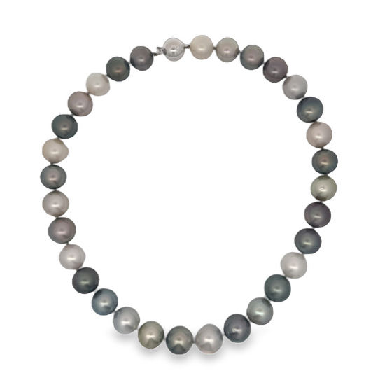 14K White Gold Multiccolor Tahitian Pearl Necklace with a Diamond Ball Clasp