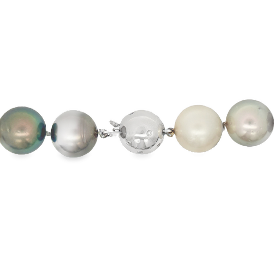14K White Gold Multiccolor Tahitian Pearl Necklace with a Diamond Ball Clasp