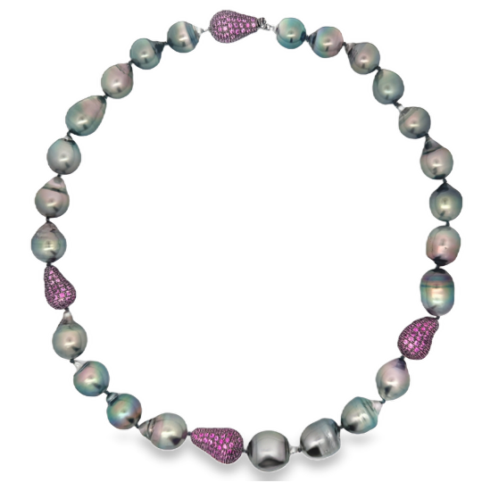 18K Black Rhodium Pink Sapphire and Tahitian Baroque Pearl Necklace - 6582