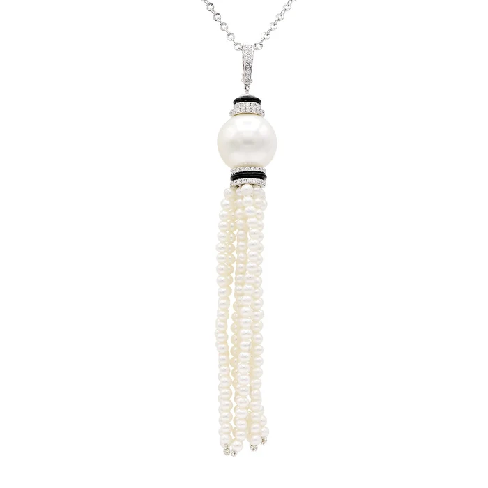18K White Gold Onyx, Diamond and Pearl Tassel Necklace - 6421