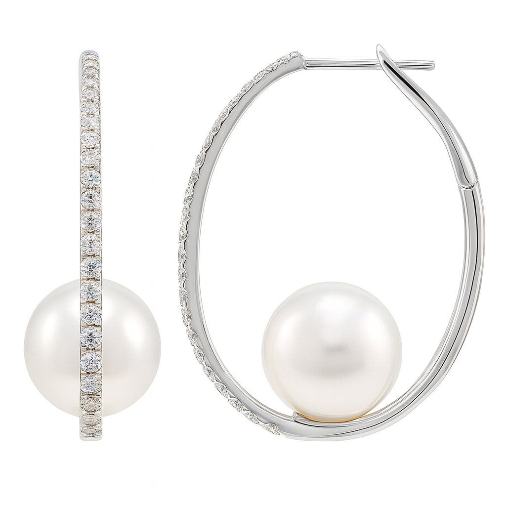 18K White Gold Diamond and Freshwater Pearl Hoop Earrings - 6423