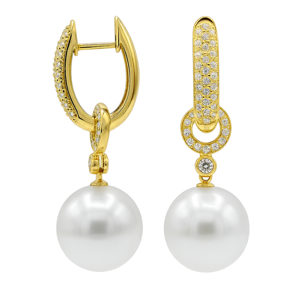 18K Yellow Gold Diamond and South Sea Pearl Drop Earrings - 6424