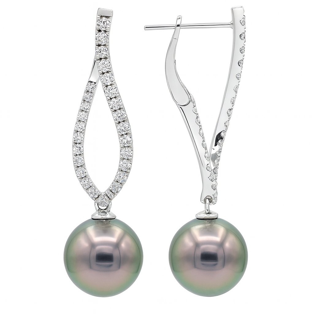 18K White Gold Diamond and Black Tahitian Pearl Drop Earrings - 6425