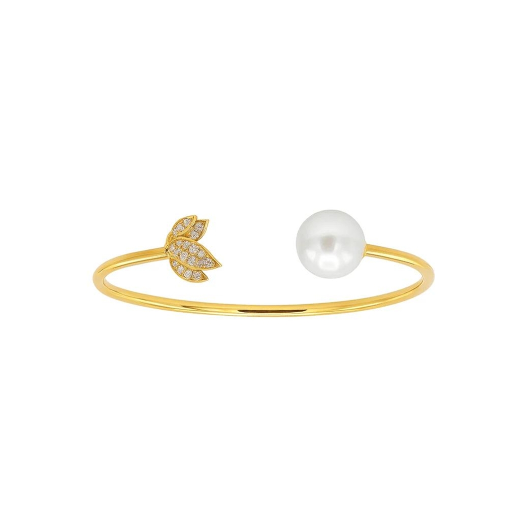 14K Yellow Gold South Sea Pearl and Diamond Bangle - 6342