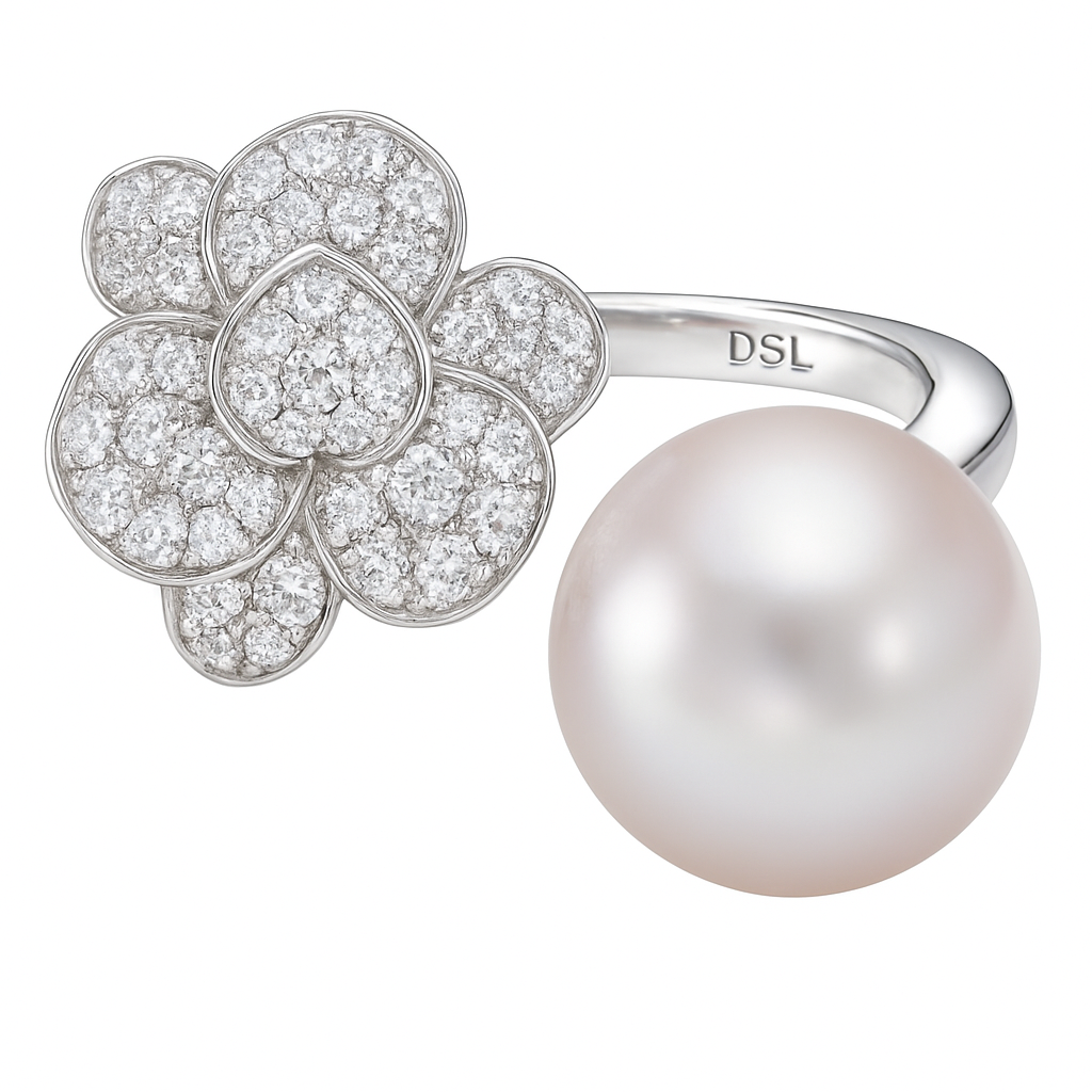18K White Gold Diamond Flower and Freshwater Pearl Ring - 6426