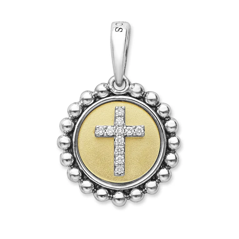 LAGOS Sterling Silver and 18K Yellow Gold Signature Caviar Diamond Cross Charm - 6429