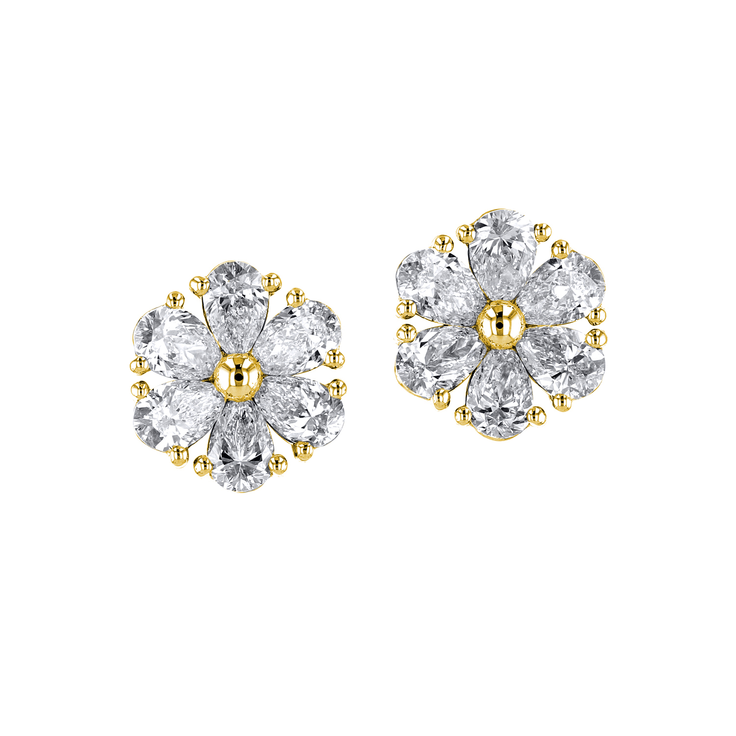 18K Yellow Gold Diamond Flower Stud Earrings - 6434