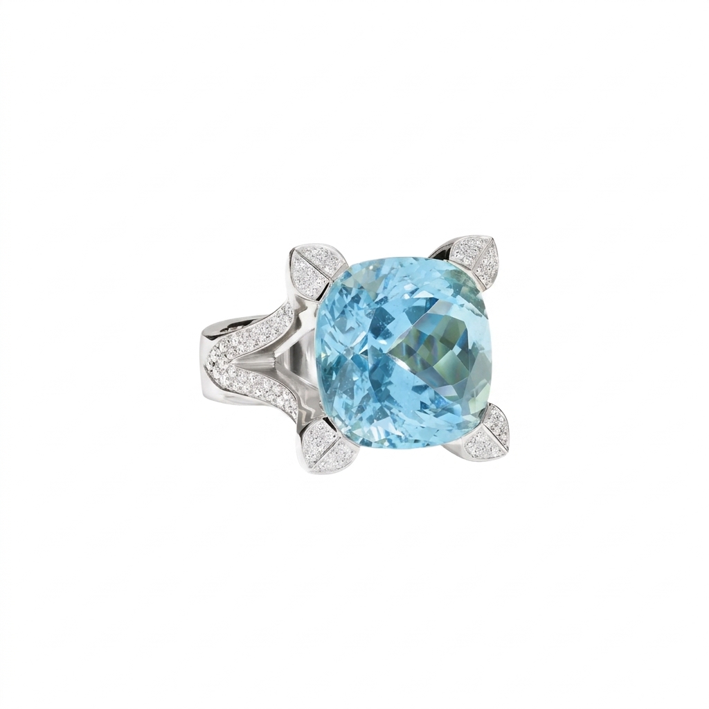 18W T.COMMOLI 11.53CT CUSH AQUAMARINE 1.10TW F VS RING - 6620